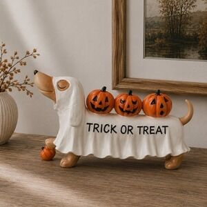 NEW Candy Corn Lane Ghost Dachshund Pumpkins Trick or Treat Halloween Figurine